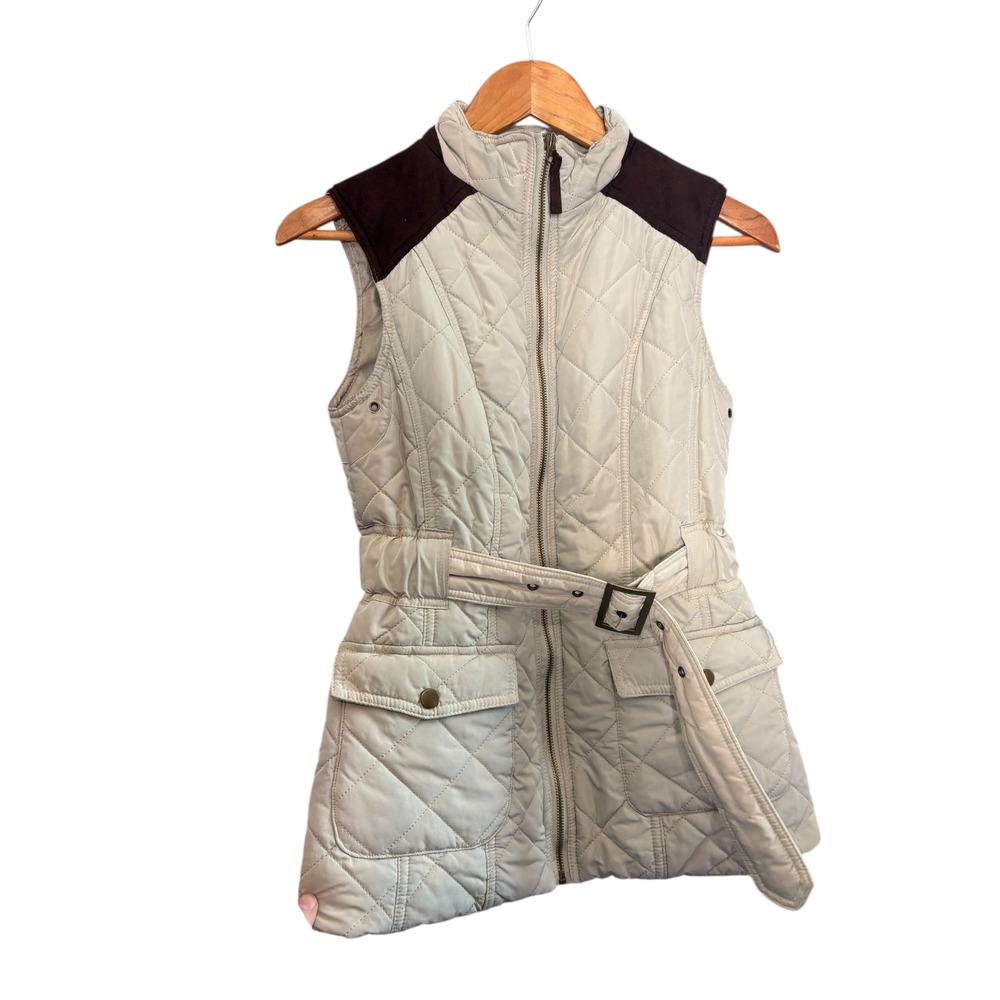 MARFINNO Quilted Belted Vest Women Size 38 Beige Dark‎ Brown Padded Full Zip